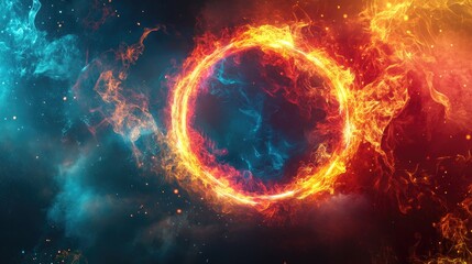 A mesmerizing swirl of fiery orange and cool blue flames forming a vibrant circular shape in a cosmic background.