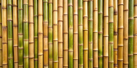 A close-up, detailed view of a natural bamboo fence, with each stalk showcasing a unique blend of vibrant green and warm brown hues, creating a captivating textural pattern.