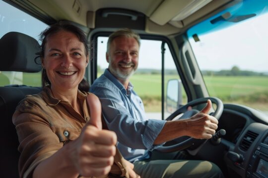 Happy European spouses sitting in new car and gesturing thumbs up, smiling at camera, driving new auto during test drive. Auto leasing concept - Powered by Adobe