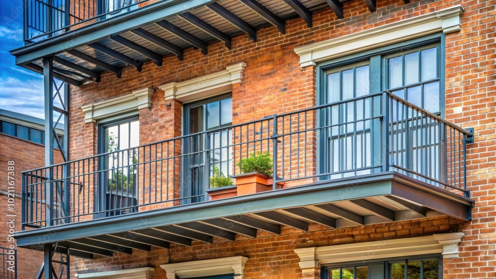Poster a traditional red brick building with a black metal balcony and a window with a view of the sky.