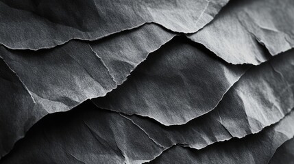 An intricate, abstract close-up of crumpled black paper layers, creating a textured, artistic background.