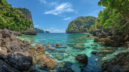 A breathtaking turquoise lagoon nestled between two lush, rocky cliffs under a clear blue sky, reflecting vibrant tropical colors in the pristine waters.