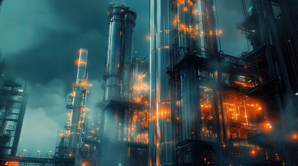Obraz premium An industrial complex at dusk, showcasing towering structures surrounded by ethereal blue and orange lights.