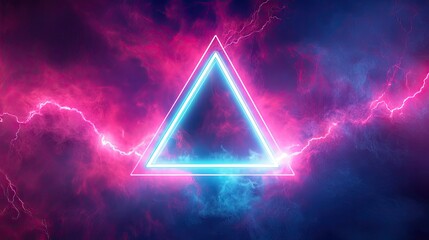 A vibrant neon triangle glows against a backdrop of swirling pink and blue cosmic patterns.