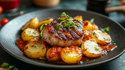 A close-up of a grilled pork chop served with roasted potatoes, zucchini, and a tomato sauce.
