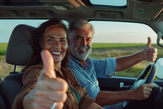 Happy European spouses sitting in new car and gesturing thumbs up, smiling at camera, driving new auto during test drive. Auto leasing concept