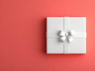 White gift box with white ribbon on coral red background. Holiday shopping and retail concept. Image for advertising and greeting card.