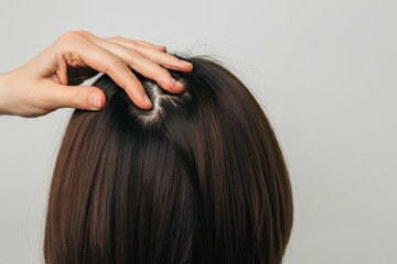 Obraz premium 女性。頭皮のクローズアップ。頭頂部。薄毛。白背景｜Women. Close-up of scalp. Parietal. Thinning hair. White Background