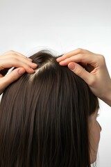 Fototapeta premium 女性。頭皮のクローズアップ。頭頂部。薄毛。白背景｜Women. Close-up of scalp. Parietal. Thinning hair. White Background