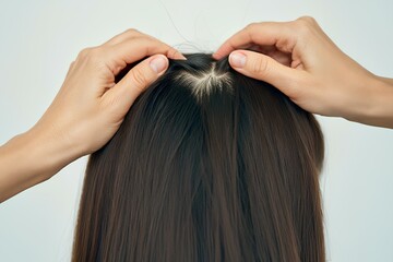 Naklejka premium 女性。頭皮のクローズアップ。頭頂部。薄毛。白背景｜Women. Close-up of scalp. Parietal. Thinning hair. White Background