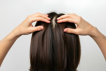 Naklejka premium 女性。頭皮のクローズアップ。頭頂部。薄毛。白背景｜Women. Close-up of scalp. Parietal. Thinning hair. White Background