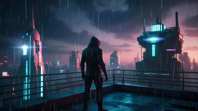 A ninja in a future city during the rain. Seamless 4K looping timelapse video animation background