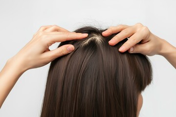 Naklejka premium 女性。頭皮のクローズアップ。頭頂部。薄毛。白背景｜Women. Close-up of scalp. Parietal. Thinning hair. White Background