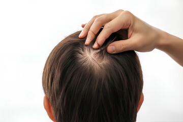 Fototapeta premium 男性。脱毛のコンセプト。頭皮のクローズアップ。後頭部。薄毛。AGA治療。白背景｜Men. Hair loss concept. Close-up of scalp. Back of the head. Thinning hair. aga treatment. White Background