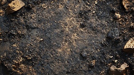 Close-up of rich, dark soil with scattered rocks and a wet texture, creating an earthy and organic feel.