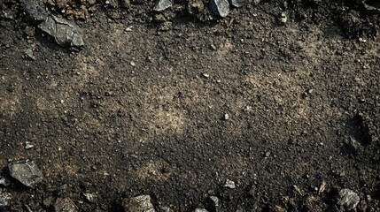 Close-up view of textured earth with scattered stones, evoking a natural and raw environment.