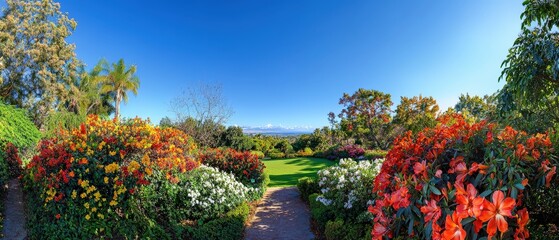 A vibrant garden landscape with colorful blooming flowers under a clear blue sky.
