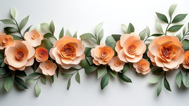 A delicate arrangement of soft peach flowers and green leaves, creating an elegant floral border against a pale background.