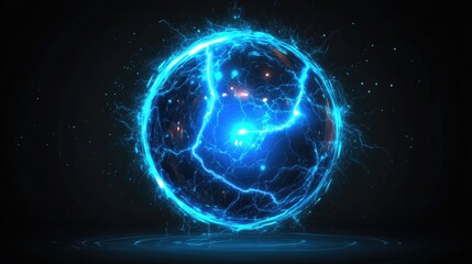 Obraz premium A stunning blue energy orb glowing with electric bolts, set against a dark background, creating a mesmerizing and dynamic visual effect.