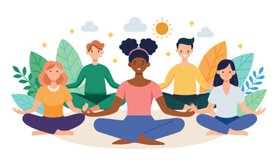 Download Group Of Young People Meditating During Yoga Retreat, Conceptual Symbol Of Multiracial Human Hands Making A Circle Vector Illustration . This Icon Concept Isolated Premium Vector. 