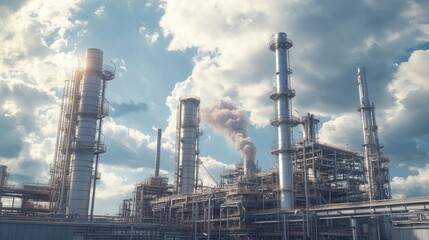 Fototapeta premium A view of a modern industrial complex with towering smokestacks against a cloudy sky.
