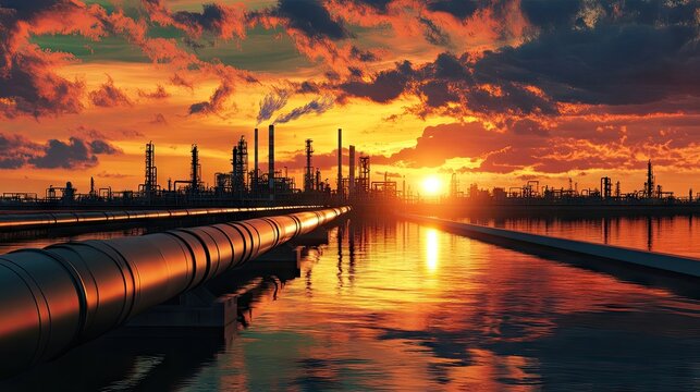 Stunning industrial landscape at sunset, showcasing silhouetted pipelines and oil refineries against vibrant skies.