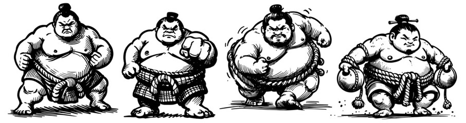 dynamic sumo wrestler illustrations in various poses black vector