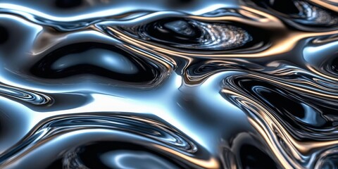 Metallic chrome texture with smooth, reflective surfaces, shiny highlights, and abstract design elements