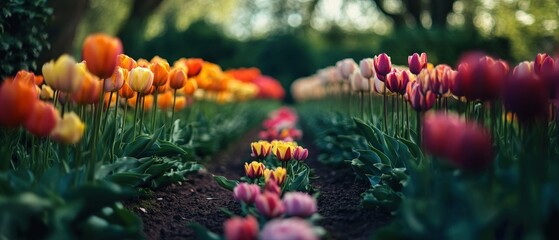 Colorful tulip garden in full bloom, showcasing a variety of vibrant hues under soft daylight.