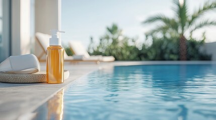 Fototapeta premium Close-up of a luxurious skincare bottle by a serene poolside, evoking relaxation and rejuvenation.