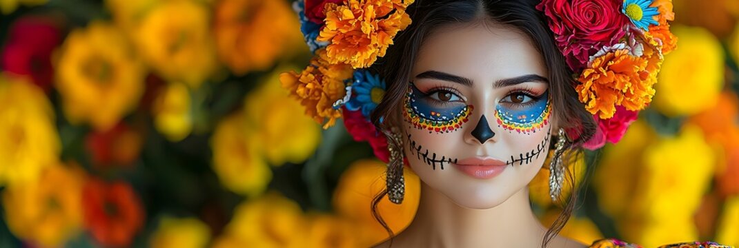 Retrato de hermosa mujer con maquillaje de Catrina colorida sonriendo con flores naranjas y rojas en la cabeza. Banner de dia de muertos