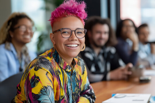 An inclusive business meeting with a non-binary person leading a presentation, surrounded by colleagues of various ethnicities nodding in agreement. happy, smile, professional photo. AI generated