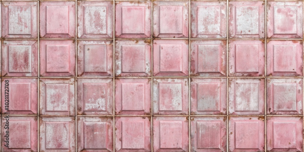 Poster a weathered pink tile wall with a subtle pattern of raised squares and light brown grout lines