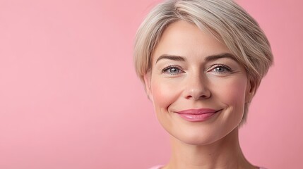 Fototapeta premium A smiling Caucasian woman with short blonde hair against a pink background, exuding confidence and warmth.