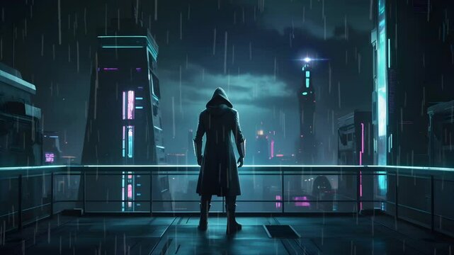 A ninja in a future city during the rain. Seamless 4K looping timelapse video animation background