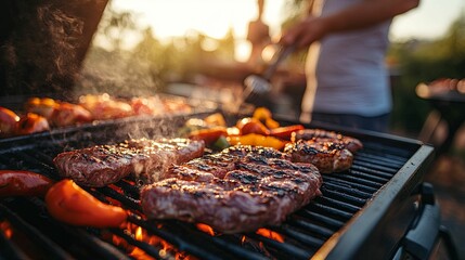 Close-up of Juicy Steaks Grilling on a Hot Charcoal Grill