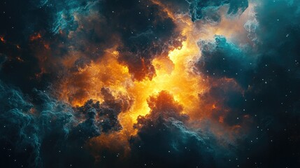 Fototapeta premium A vibrant cosmic scene with fiery orange and blue nebula clouds illuminated against a backdrop of stars.