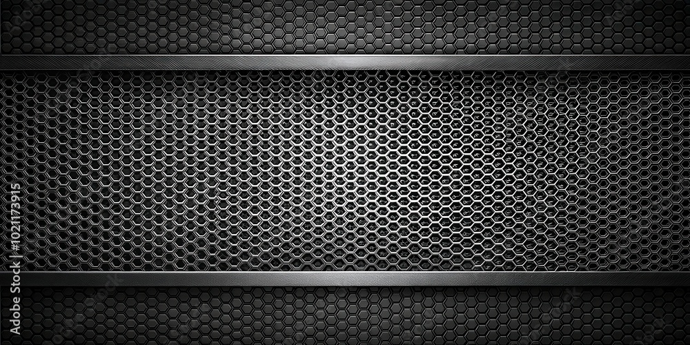 Poster A dark, steel metallic background with a repeating hexagonal pattern and a wide horizontal band