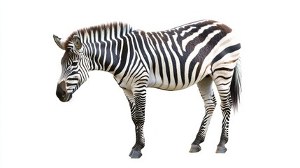 A zebra, a distinctive African mammal, is captured in isolation against a white backdrop, showcasing its striking black and white stripes.