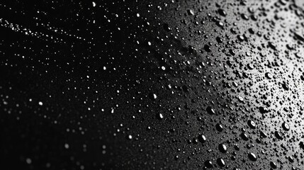Obraz premium A close-up of water droplets on a black surface, showcasing a blend of light and shadow.