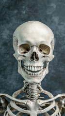 A human skeleton is showcased against a textured background, revealing the intricacy of bones and joints, symbolizing anatomy and scientific curiosity.