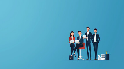 Obraz premium A diverse group of professionals collaborating in a modern office environment. They are engaged in discussions and using various devices.