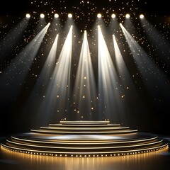 A illuminated stage with spotlights and sparkling lights, ideal for performances or events.