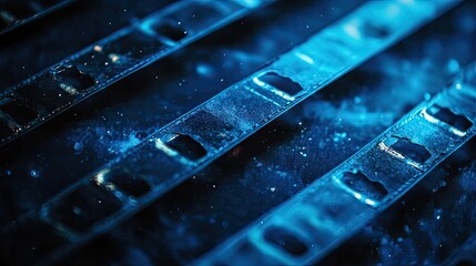 Close-up of vintage film negatives illuminated in deep blue light, highlighting their details and textures.