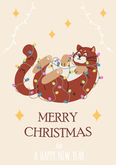 Merry Christmas card with funny plump cat playing with Christmas garland flat vector illustration.