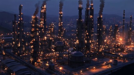 Fototapeta premium A sprawling industrial complex at night, illuminated by flames and against a backdrop of smoke, displaying a dramatic energy scene.