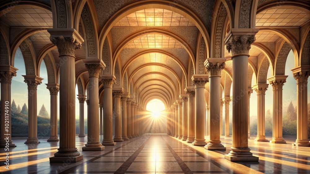 Poster sunlight streams through a colonnaded archway, illuminating a grand palace hallway with a soft, ethe