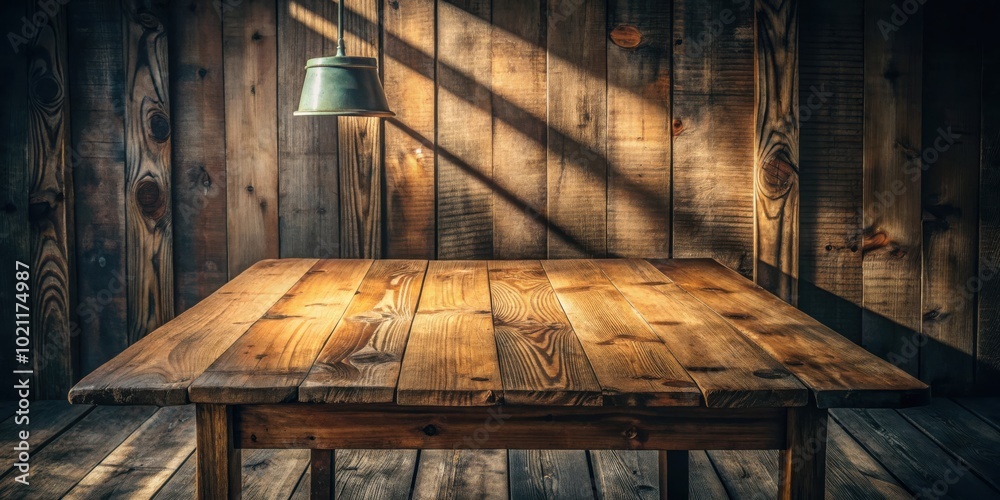 Aufkleber rustic wooden table with warm light shining on the surface against a wall of weathered wooden planks
