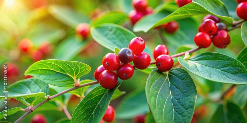 Poster A close-up view of vibrant red berries clustered on a branch, nestled amidst lush green foliage, bathed in the warm glow of sunlight.