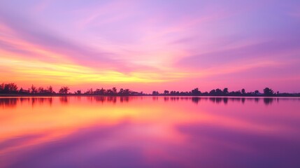 Fototapeta premium Serene Sunset at Unseen Thailand Lake - Vibrant Colors, Tree Silhouettes, Detailed Reflections